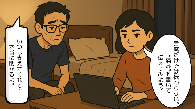 自宅で妻が痛みの状況をパソコンで書き出し、やつれた夫が静かに見つめている場面のイラスト