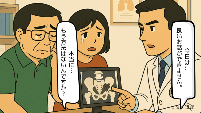 診察室で、主治医から検査画像の説明を受け、不安そうに話を聞く夫婦の様子。
