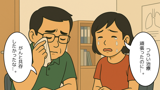 診察室で、涙をぬぐう夫と、涙をこぼす妻が並んで座っている。