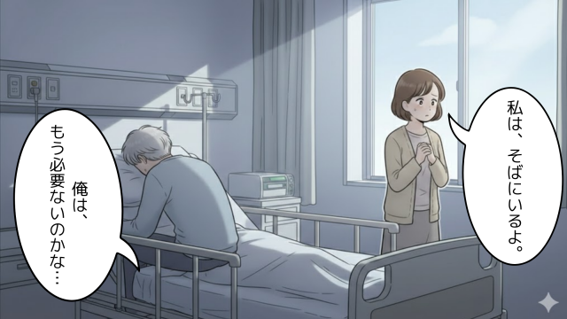 病室で、うつむく夫と、隣で泣きそうな表情の妻が別の方向を向いて座っている場面。