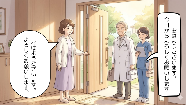 朝、自宅の玄関で訪問診療の医師と訪問看護師を迎える妻の様子