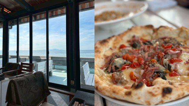 海が見えるイタリアンレストランでいただいたピザと店内の景色。