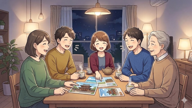 リビングで家族がテーブルを囲み、旅行の計画を楽しそうに話し合っている場面。