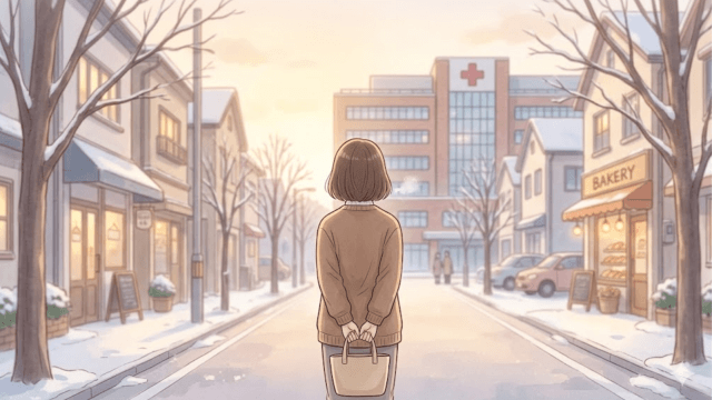 病院までの道を歩く妻。