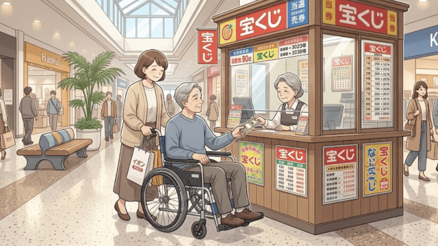 ショッピングモール内の宝くじ売り場で、車椅子の男性が購入し、女性が後ろから付き添っている様子。