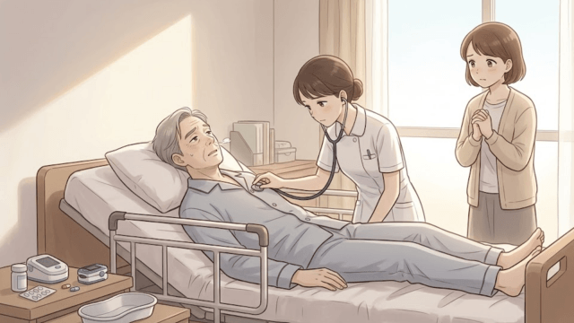 自宅の医療用ベッドで横たわる男性を、看護師が診察し、女性がそばで見守っている様子。