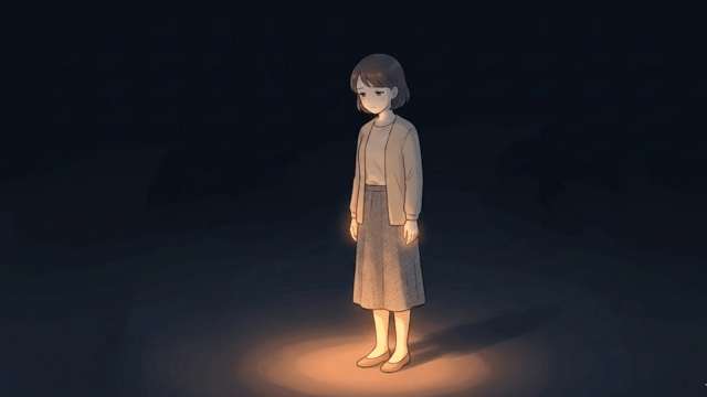 暗い空間の中で、足元に差し込むやわらかな光に照らされて立つ女性の漫画イラスト