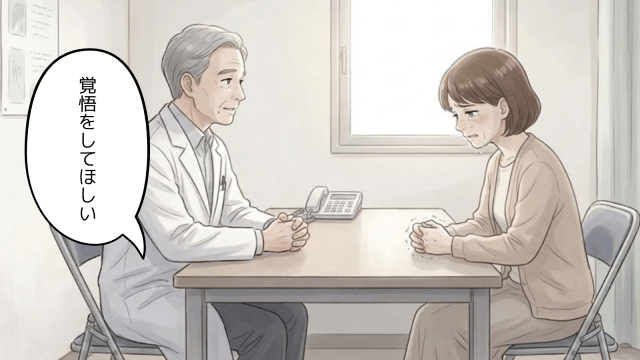 診察室で医師の説明を受け、女性が涙をこらえている場面。
