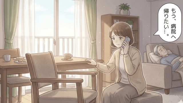 昼間のリビングで、ソファ横たわる夫と、心配そうに病院へ電話をかける妻の様子