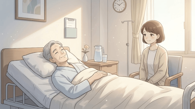 入浴後、個室の病室で穏やかに眠る夫と、その姿を静かに見守る妻
