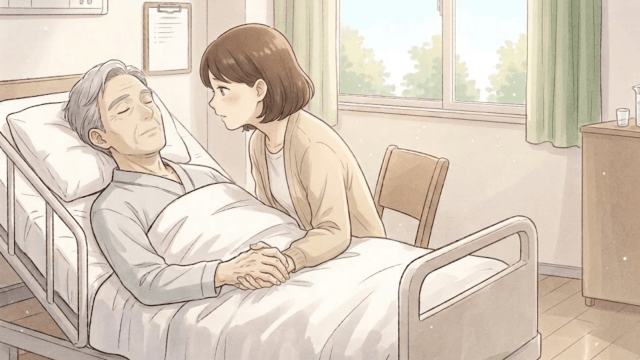 病室で夫が妻の手を力強く握り返す瞬間
