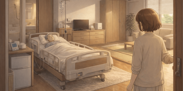 個室病棟の部屋を亜へて驚いた妻のイラスト