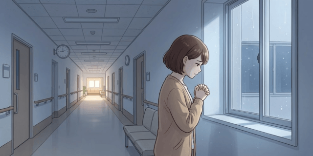 病院の廊下で祈る妻