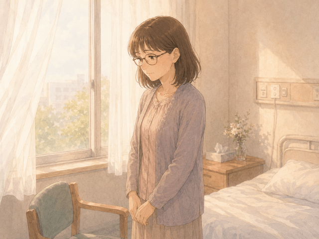 病室の窓辺で静かに立つ60歳の妻の漫画風イラスト