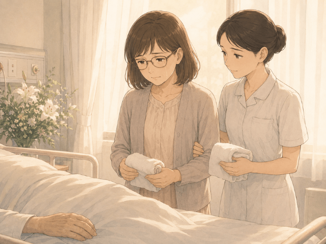 病室で妻と看護師が静かに夫の身支度を整えている漫画風イラスト
