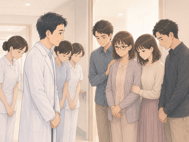 医師と看護師が、家族を静かに見送っている漫画風イラスト