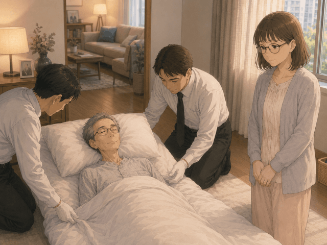 自宅の部屋で、夫を布団へ寝かせる準備が進み、妻が見守っている漫画風イラスト