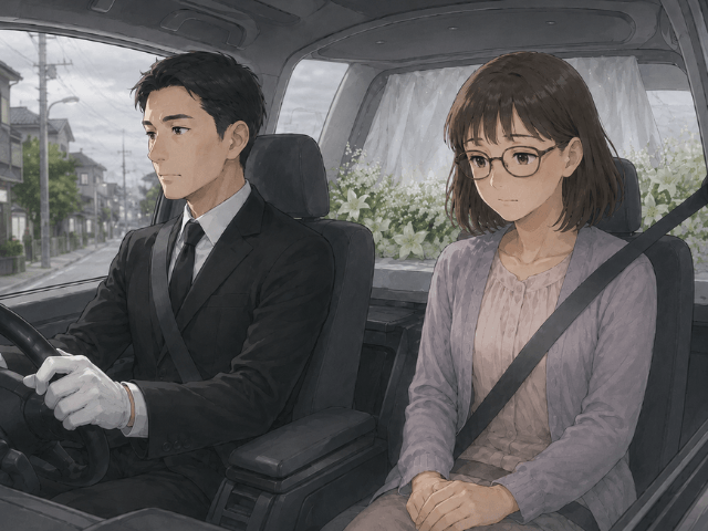 寝台車の助手席で、自宅までの道を案内する妻の漫画風イラスト
