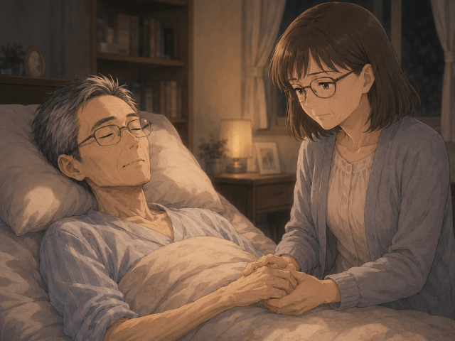 自宅で夫の手を妻がそっと握っている漫画風イラスト