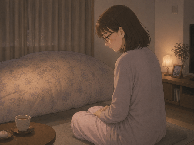 夜明け前の自宅で、妻が静かに現実を受け止めようとしている漫画風イラスト