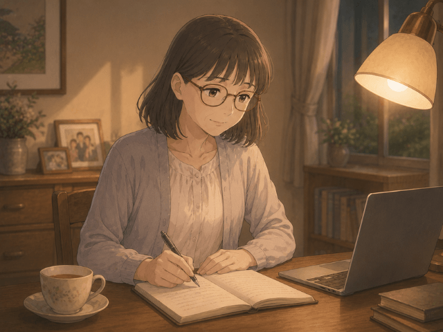 机に向かい、記録を書き残そうとしている妻の漫画風イラスト
