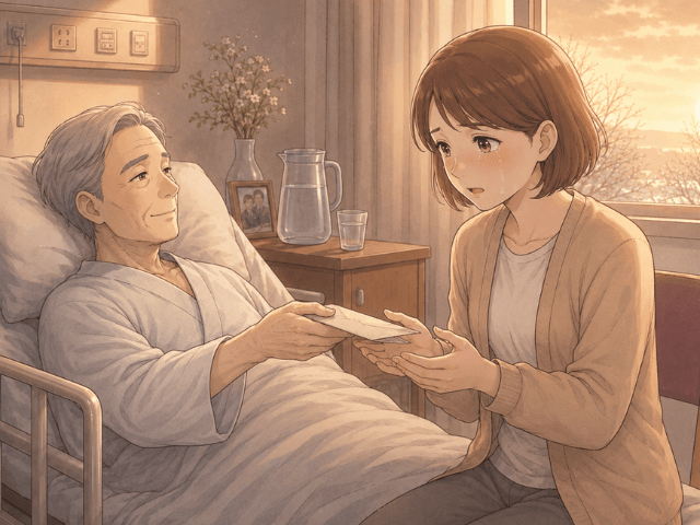 病室のベッドで横になる夫が、涙ぐむ妻に一通の手紙を手渡している漫画風イラスト