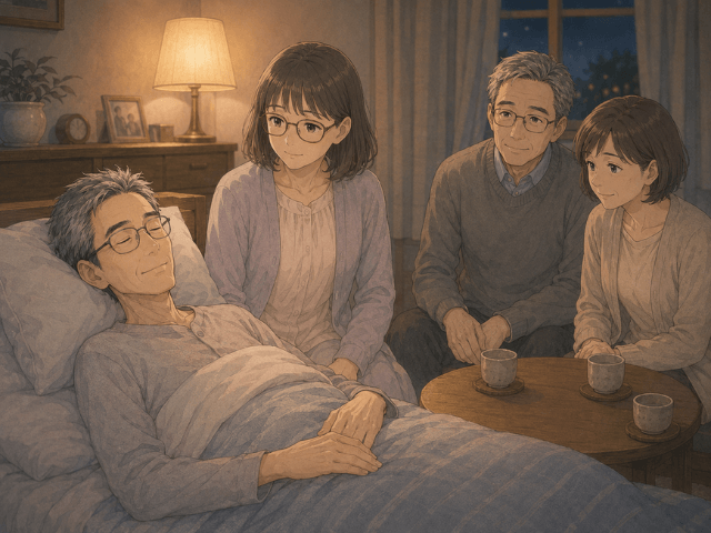 自宅で夫を囲み、妻と親友夫婦が昔話をしている漫画風イラスト