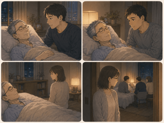 子どもたちがそれぞれの形で父と最後の時間を過ごしている4コマ漫画