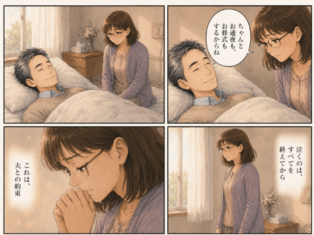 夫のそばで「ちゃんとお通夜も、お葬式もするからね」と語りかけ、涙をこらえながら立ち上がる妻を描いた4コマ漫画。