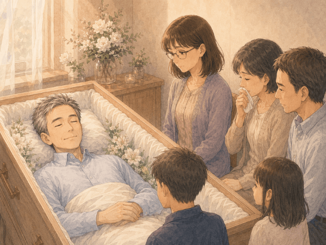 穏やかな表情で横たわる夫を、妻と家族が静かに見守っているイラスト。