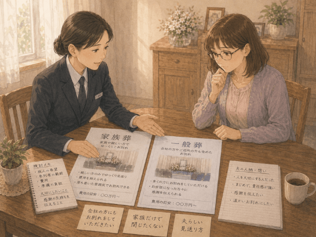 テーブルの上の「家族葬」「一般葬」と書かれた資料を見ながら話し合っているイラスト。