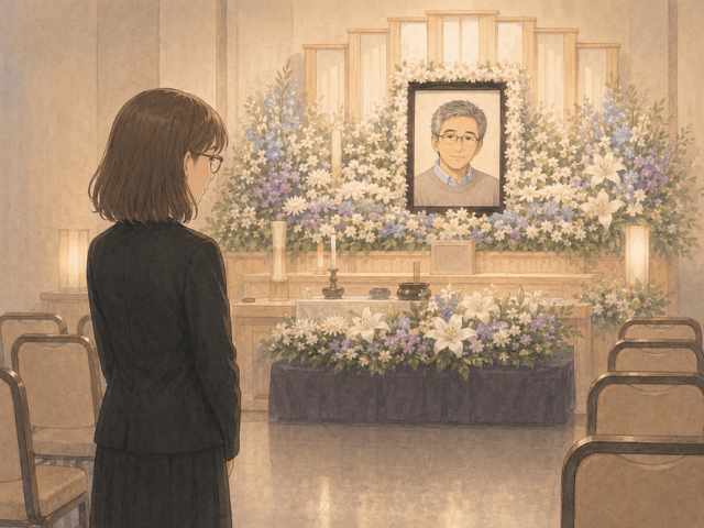 祭壇と椅子が並ぶ静かなお通夜会場に、喪服姿の妻が立っているイラスト。