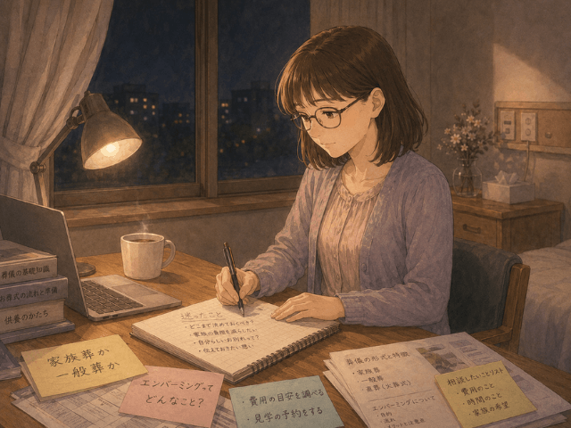 夜の机に向かい、葬儀についての迷いや決断をノートやパソコンに記録している女性のイラスト。