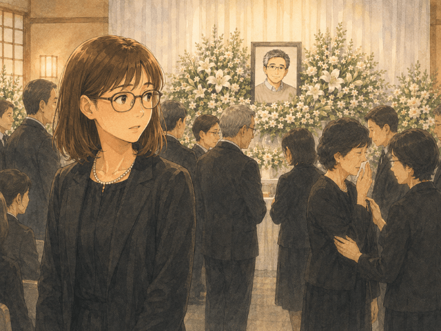 お通夜の会場で多くの参列者と花に囲まれ、夫が多くの人に慕われていたことを実感するきゃんばぁばのイラスト