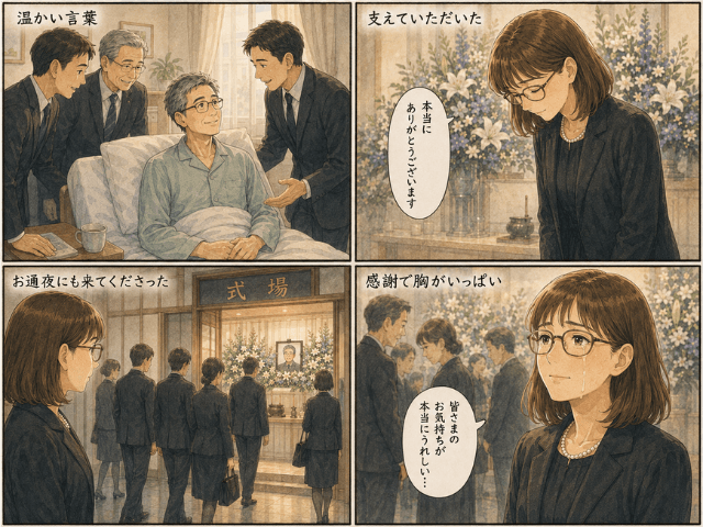 闘病中からお通夜まで会社の方々に支えられたことへの感謝を描いた4コマ漫画