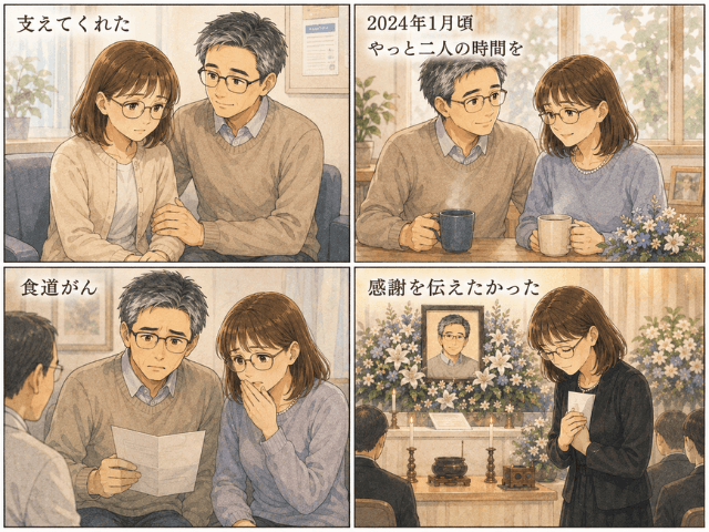 乳がん治療中に支えてくれた夫への感謝と、お通夜の挨拶でその思いを伝える場面を描いた4コマ漫画