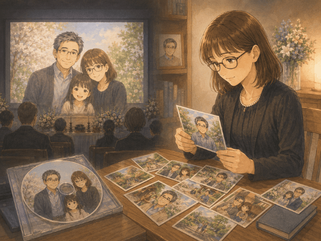思い出の写真を選び、夫との時間を映像として残すき女性のイラスト