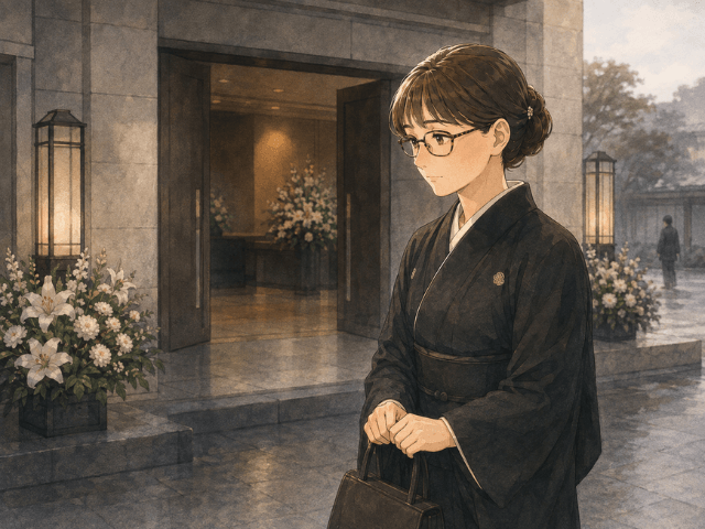 葬儀の朝、静かな会場に着き、不安な気持ちのまま立つ女性ののイラスト