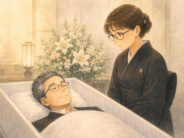 斎場で最後に夫へ『いってらっしゃい』と声をかける女性のイラスト