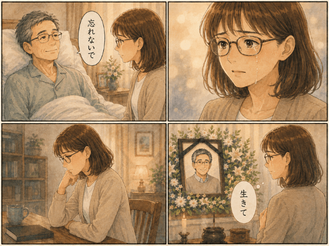 夫の『忘れないで』という言葉を、今は『生きて』というメッセージとして受け止めていることを描いた4コマ漫画