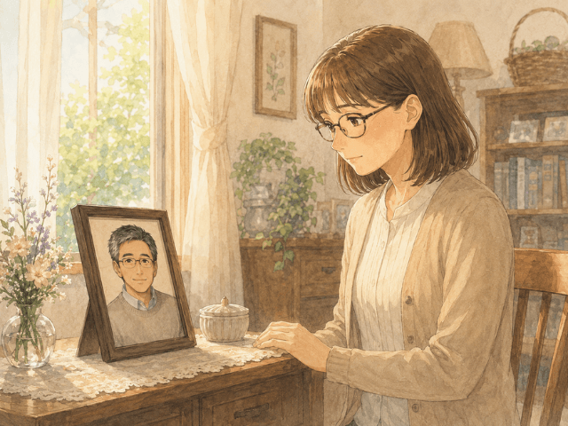 夫の写真を見つめながら、これからの人生を静かに考える女性のイラスト