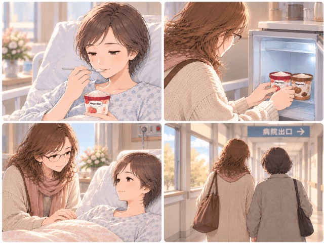 妹が苺アイスを少し食べ、女性が冷蔵庫にしまい、その後そばで過ごして母と帰るまでを描いた4コマ漫画