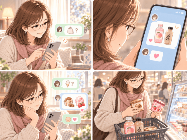 妹とのLINEで飲み物やアイスの希望を聞き、売り場で選ぶ女性の4コマ風イラスト