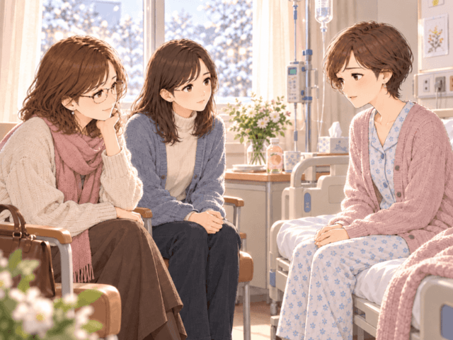 病室でベッドに座る妹と、向かい合って座る女性と娘を描いたイラスト