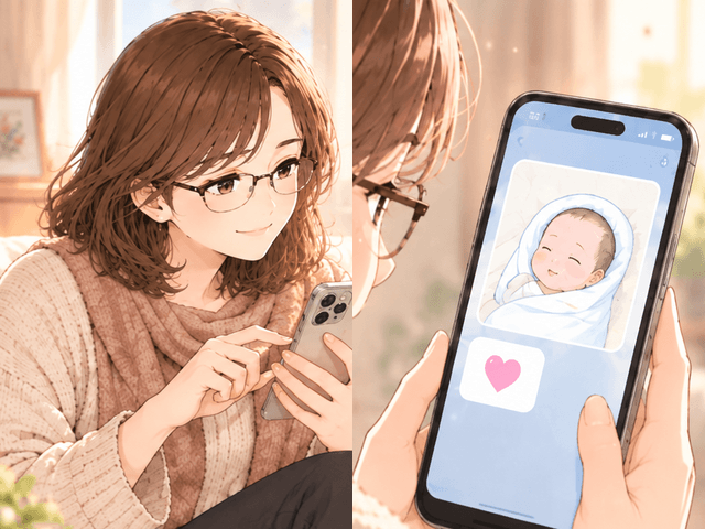 リビングでスマートフォンを見ながら、妹から届いた赤ちゃんの写真を確認する女性の2コマイラスト