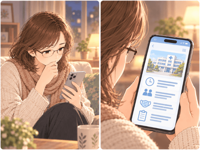 スマートフォンを見つめる女性と、病院の面会案内を確認する場面を描いた2分割イラスト