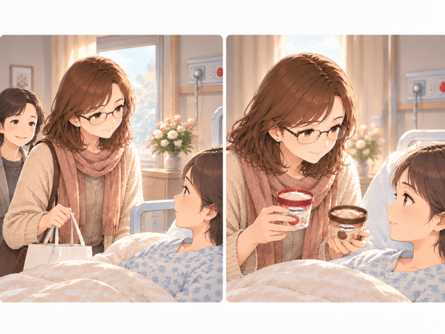 病室で女性が妹にアイスを見せ、どれを食べるか話している2分割イラスト