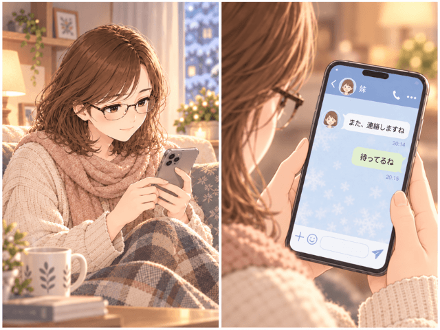 自宅でスマホを見る女性と、LINEのやりとりを描いた2コマイラスト