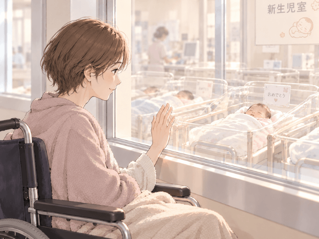 車椅子からガラス越しに新生児室の赤ちゃんを見つめる妹のイラスト