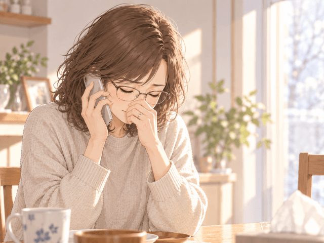 朝食中の電話で涙を流す女性のイラスト